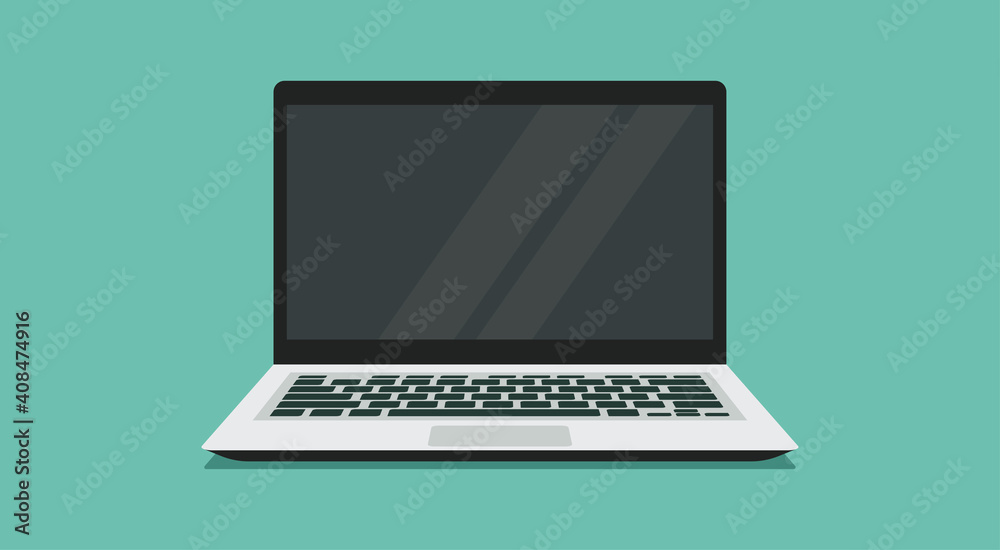 laptop computer with blank empty display screen for copy space and text on workplace, vector flat illustration - obrazy, fototapety, plakaty 