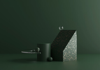 Poster - contemporary modern abstract composition in dark green tones with golden terrazzo and glass. trendy 3d render background