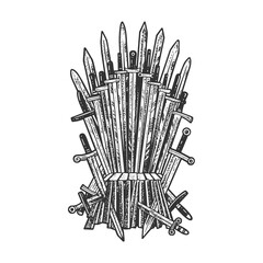 Wall Mural - fabulous royal throne of swords sketch engraving vector illustration. T-shirt apparel print design. Scratch board imitation. Black and white hand drawn image.