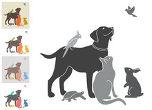Vector Illustration With A Group Of Pets For Your Design. Black And White And Four Color Options. All Animals Are Drawn Separately - You Can Move, Delete Some Of Them. 