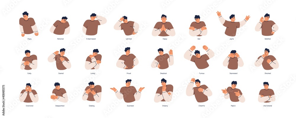 Set of different emotions of people. Man expressing his positive and negative feelings with gestures and facial expressions. Angry, worried, happy and surprised guy. Colored flat vector illustration - obrazy, fototapety, plakaty 