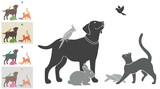Fototapeta Las - Vector illustration with a group of pets for your design. Black and white and four color options. All animals are drawn separately - you can move, delete some of them. 