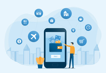 Poster - flat vector illustration design mobile wallet and mobile payment concept with design concept for technology digital smart device service online on business 