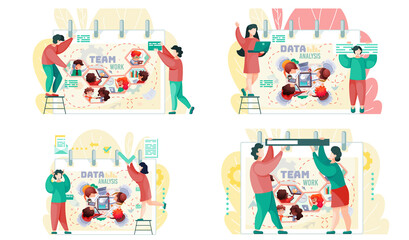 Fototapete - Data analysis teamwork scenes set. A team of analysts holds a meeting, develops a marketing strategy based on analysis of financial performance, diagrams of the enterprise. Businessmen brainstorming