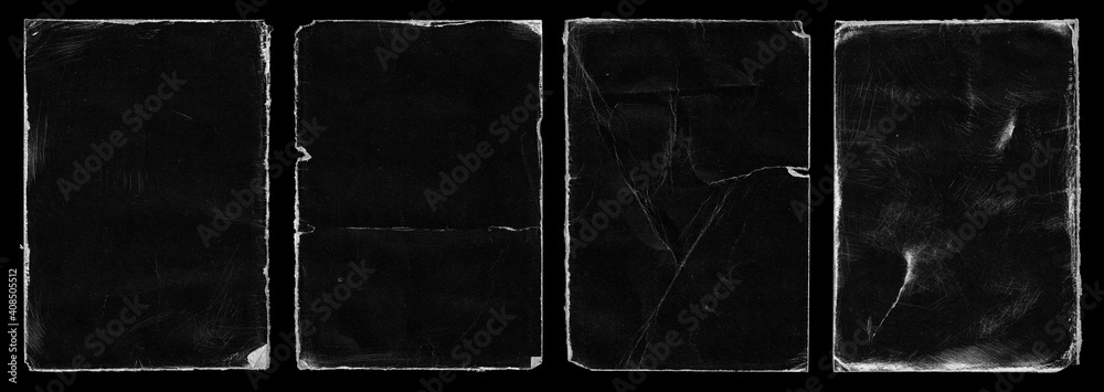 Set of Old Black Empty Aged Damaged Paper Cardboard Photo Card. Rough Grunge Shabby Scratched Torn Ripped Texture. Distressed Overlay Surface for Collage. High Quality. - obrazy, fototapety, plakaty 