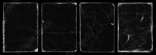 Obraz Dibond Set of Old Black Empty Aged Damaged Paper Cardboard Photo Card. Rough Grunge Shabby Scratched Torn Ripped Texture. Distressed Overlay Surface for Collage. High Quality.