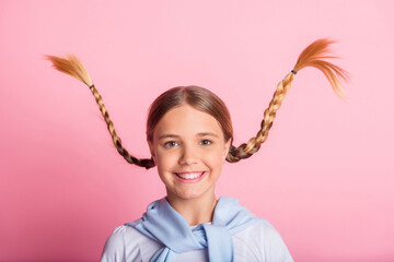 Poster - Portrait of optimistic girl braids up wear white t-shirt sweater isolated on pink background