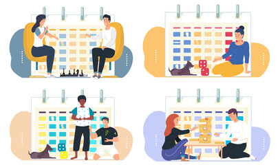 Fototapete - Set of illustrations on the theme of playing board game. Timetable or a calendar on the background. A couple spends time with chess. Young characters build a tower with Jenga. Girls playing with dog