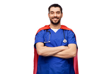 Sticker - healthcare, profession and medicine concept - happy smiling doctor or male nurse in blue uniform and red superhero cape with stethoscope over white background