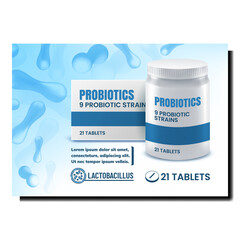 Canvas Print - Probiotics Strains Creative Promo Poster Vector. Probiotics Blank Container And Package With Tablets Advertise Banner. Health Treatment, Medicare Pills Style Concept Template Illustration