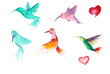set of multicolored birds with long noses, pink blue and green hummingbirds with hearts hand drawn in watercolor on an isolated white background. fresh collection for design for valentine's day,