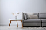 Fototapeta  - Grey sofa with pillows near white wall in stylish living room interior