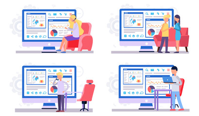 Fototapete - A set of illustrations on the topic of analysts working. People work with technology to analyze data and keep statistics. Monitor with graphs and diagrams in the background. Data analysis concept