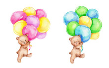 Set With Two Teddy Bears With Colored Balloons; Watercolor Hand Drawn Illustration; Can Be Used For Kid Posters Or Baby Shower; With White Isolated Background