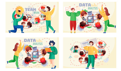 Fototapete - Data analysis teamwork scenes set. A team of analysts holds a meeting, develops a marketing strategy based on analysis of financial performance, diagrams of the enterprise. Businessmen brainstorming