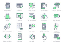 Click And Collect Service Line Icons. Vector Illustration With Icon - Online Shopping, Qr Code, Basket, Delivery, Package, Store Outline Pictogram For E-commerce. Green Color Editable Stroke