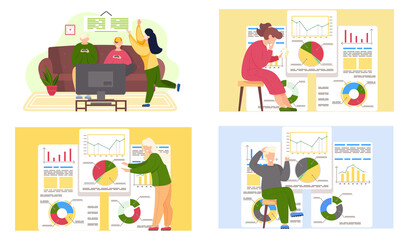 Fototapete - Woman near report, video game players scenes set. Presentation of business development or investment growth. Analysis report on graph. Teenagers sitting on room with monitor holding gamepad in hands