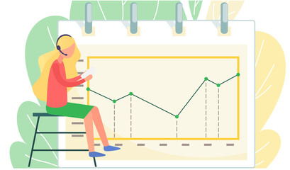 Fototapete - Woman sitting holding paper notes near presentation of business development or investment growth. Analysis report on graph. Vector flat illustration businesswoman analyzes statistical indicators