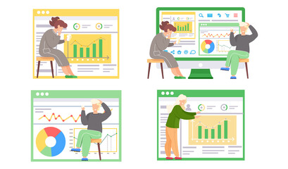 Fototapete - Woman and man reports standing near presentation with charts talking to colleague. Business meeting, conference, formal discussion set of four scenes. Coworking office employees sharing working space.