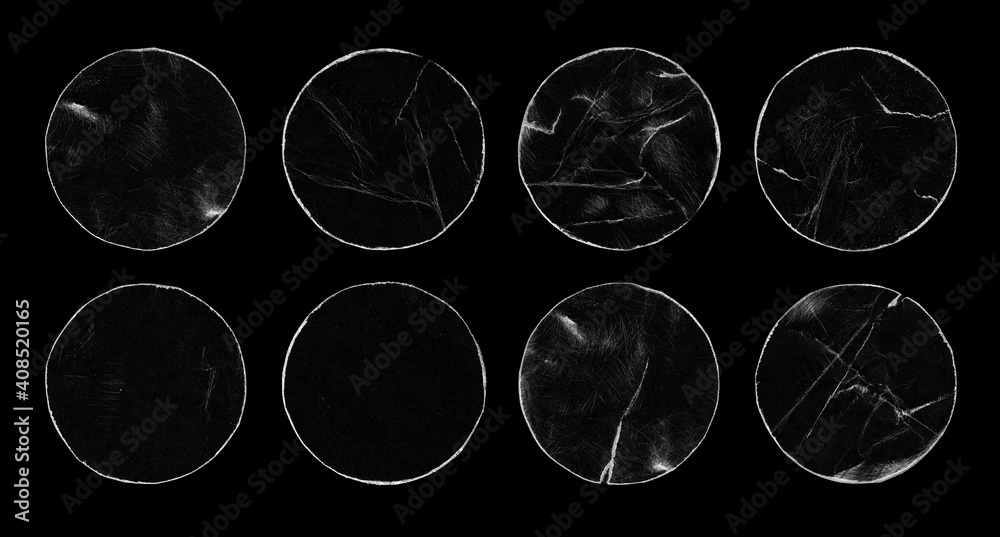Set of Empty Black Scratched Circle Round Paper Peeled Stickers. Old Rough Black Empty Aged Damaged Disc Ring. Shabby Grunge Overlay Texture for Collage.  - obrazy, fototapety, plakaty 