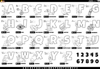  black and white alphabet with cartoon characters and objects set