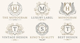 Fototapeta Boho - Retro Royal Vintage Shields Logotype set. calligraphyc Luxury logo design elements. Business signs, logos, identity, spa, hotels, badges