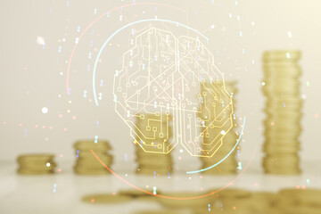 Poster - Double exposure of creative human brain microcircuit hologram on growing coins stacks background. Future technology and AI concept