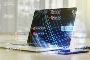 Poster - Abstract creative coding concept with world map on modern laptop background. Multiexposure