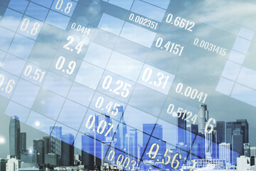 Poster - Abstract virtual analytics data spreadsheet on Los Angeles cityscape background, analytics and analysis concept. Multiexposure