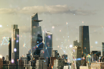 Aufkleber - Abstract virtual wireless technology hologram on New York city skyline background. Big data and database concept. Multiexposure