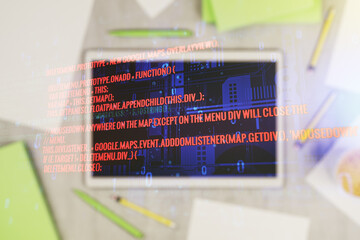Poster - Multi exposure of abstract graphic coding sketch and modern digital tablet on desktop on background, top view, big data and networking concept