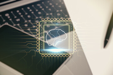 Poster - Double exposure of creative artificial Intelligence symbol with modern laptop on background. Neural networks and machine learning concept