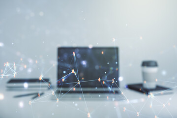 Poster - Creative abstract wireless technology hologram on modern computer background, artificial intelligence and machine learning concept. Multi exposure