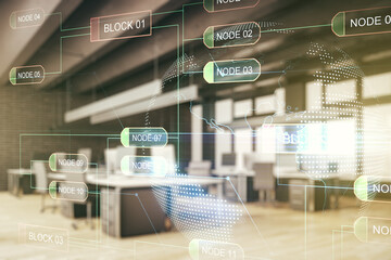 Poster - Abstract virtual coding concept and world map hologram on a modern furnished office background. Multiexposure