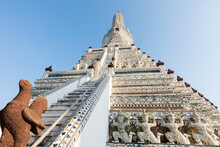 Close Up Steep Stairways Of Wat Arun, Buddhist Temple In Bangkok. Thailand's Landmark
