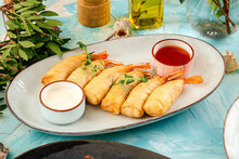 Asian Deep Fried Spring Rolls With Shrimp With Sauces