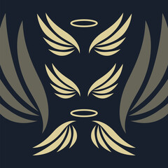 Wall Mural - Elegant angel golden flying wings on black background. Flying angel with wing feather, golden linear winged