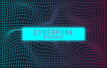 Poster - Vector image of distorted holographic pearly neon mesh. Vaporwave synthwave cyberpunk illustration.