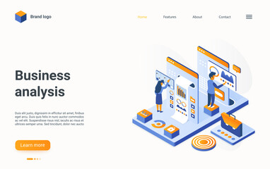 Aufkleber - Business analysis concept isometric vector illustration. Cartoon 3d businessman character team analyzing data information, working with database charts on dashboard, digital technology landing page
