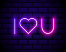 I love you neon. Heart sign. Neon text I Love You with heart isolated on brick wall background