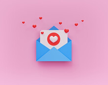 Open Envelope With Flying Hearts. Minimal Love Letter Icon. 3d Rendering