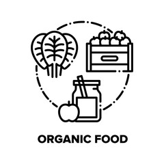 Sticker - Organic Food Vector Icon Concept. Fresh Salad Or Spinach Leaves, Harvested Apples Container And Juice Bottle, Organic Food And Drink. Vitamin Nutrition And Beverage Black Illustration