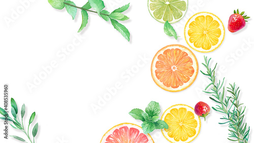 フレッシュなフルーツとハーブの水彩イラスト オレンジ レモン グレープフルーツ ライム イチゴのバナーデザイン 影あり