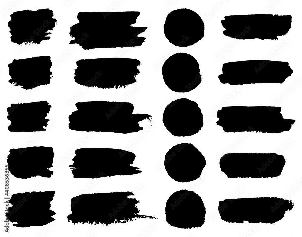 black paint brush spots, highlighter lines or felt-tip pen marker horizontal blobs. Marker pen or brushstrokes and dashes. Ink smudge abstract shape stains and smear set with texture - obrazy, fototapety, plakaty 