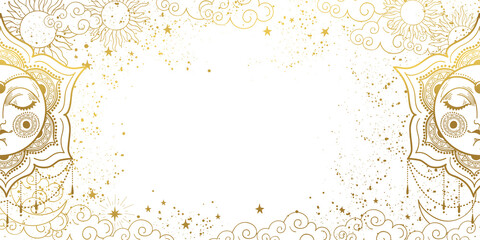 Wall Mural - white magic background with sleeping golden sun with face, space decor with copy space and stars. la