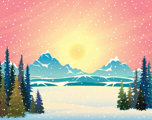 Poster - Winter landscape - mountains, forest, sunset and sun