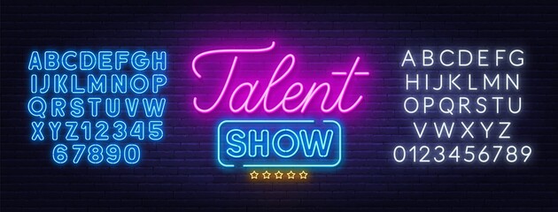 Poster - Talent show neon sign on brick wall background. Blue and white neon alphabets. Template for the design.