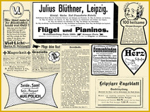 Commercial Advertising Page In German With Many Promotion Banners And Vignettes Dated 1908 From Deutsche Moden Zeitung Magazine