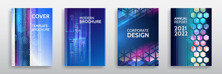 Vector template for brochure or cover with hi-tech elements background. Blue layout futuristic brochures, flyers, placards. Contemporary science and digital technology concept.