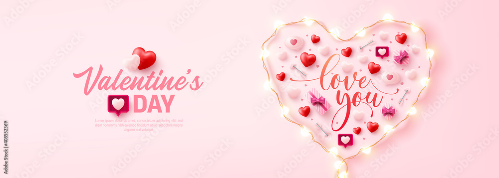 Happy Valentine's Day Poster or banner with symbol of heart from LED String lights and valentine elements on pink background. Promotion and shopping template for love and Valentine's day concept. - obrazy, fototapety, plakaty 